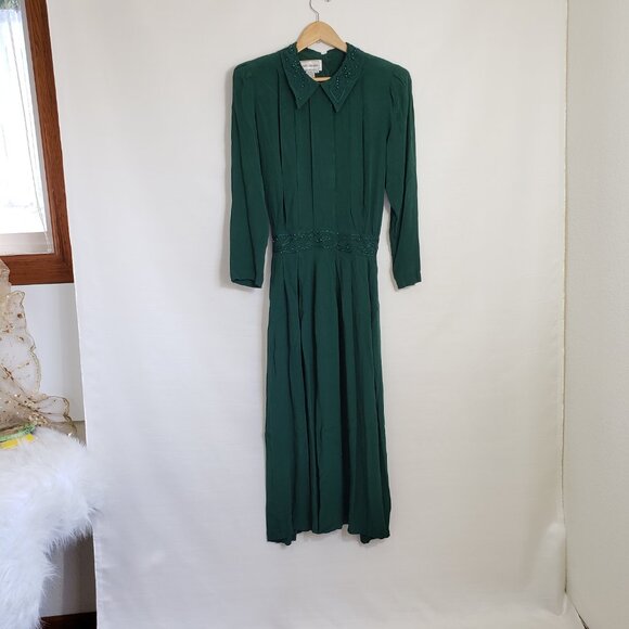 Karin Stevens Gown | 1980s Drop Waist Dress | Forrest Green Pleated Modest Frock - Picture 7 of 7